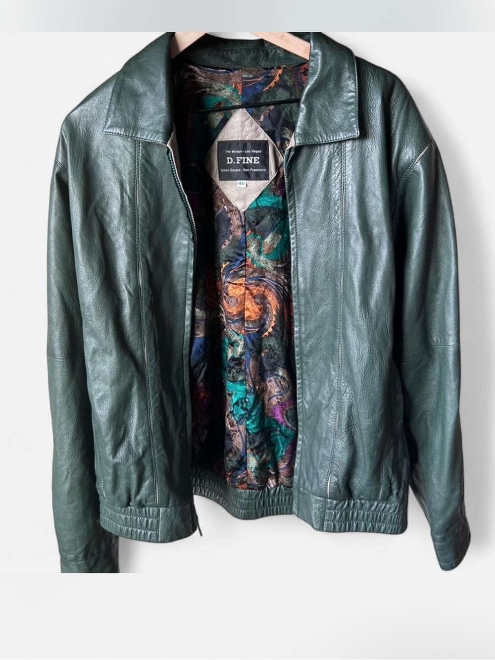 Vintage D.FINE Green Leather Bomber Jacket – Paisley Lining M Statement Artsy